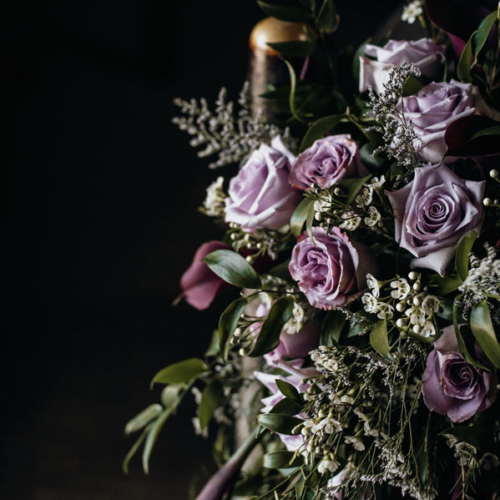 Purple rose wedding bouquet, assembled by Petal and Kettle, Parksville, Vancouver Island florist