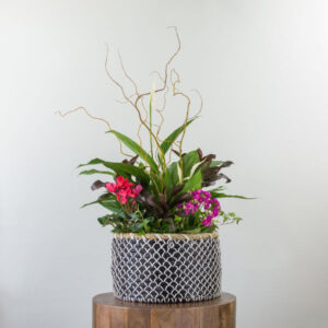 Indoor planter with peace lily, pink, and white flowers, from indoor planter available at Parksville florist Petal and Kettle