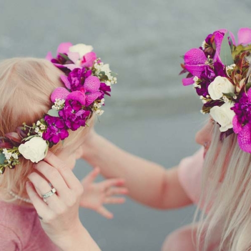 child and mom wearing purple and white floral crown, by Parksville Qualicum Beach florist Petal and Kettle, Vancouver Island