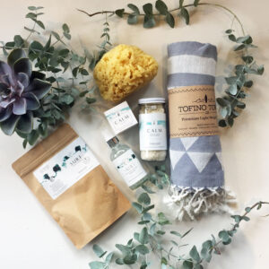 variety of spa products from Vancouver Island gift basket from Petal and Kettle, Parksville gift shop