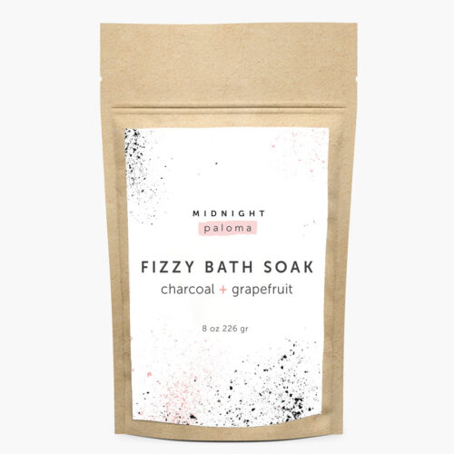 Midnight Paloma fizzy bath soak charcoal and grapefruit , available in store or online at Petal and Kettle, Parksville gift shop