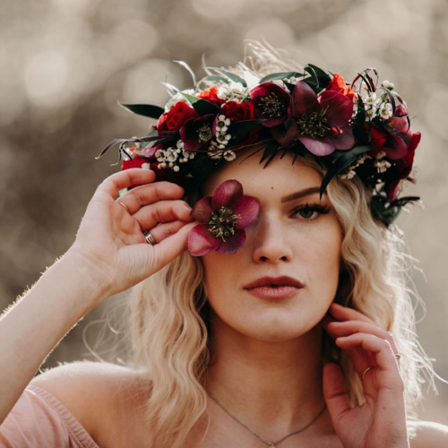 red and burgundy floral crown, made on Vancouver Island by wedding florist Petal and Kettle