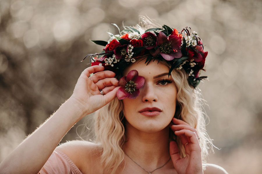 red and burgundy floral crown, made on Vancouver Island by wedding florist Petal and Kettle
