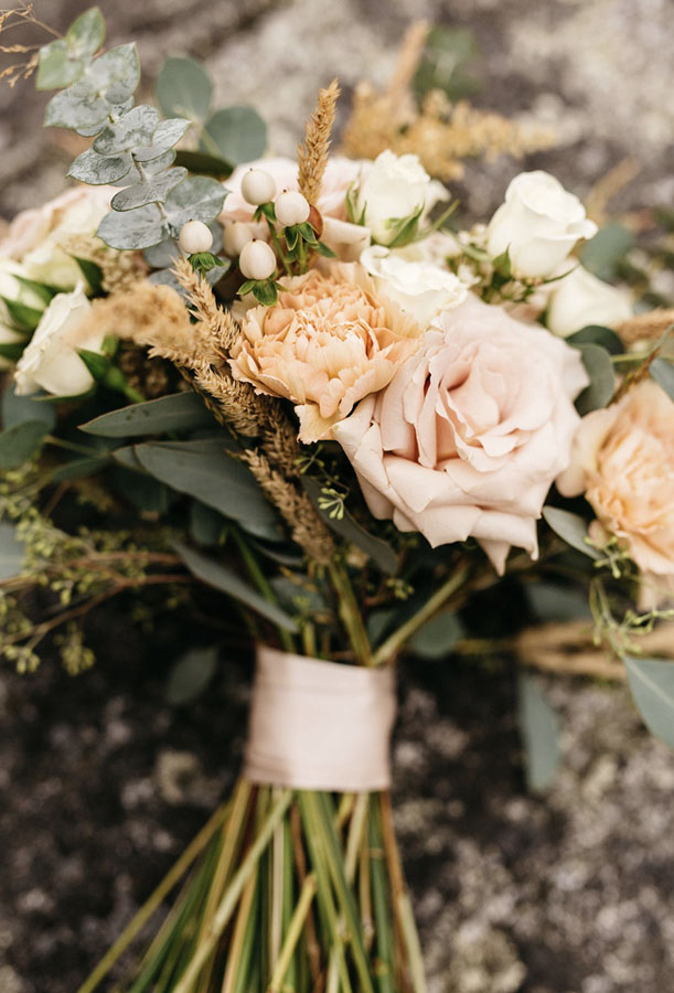 pink, white, peach hand tied wedding bridal bouquet by florist Petal and Kettle, Parksville