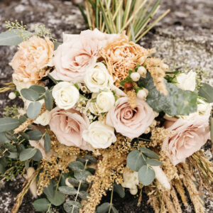 pink, white, peach hand tied wedding bridal bouquet by florist Petal and Kettle, Parksville