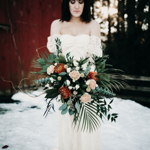 pink, orange, white wedding bouquet designed by Vancouver Island florist Petal and Kettle