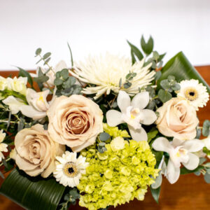 white floral vase arrangements from Parksville Qualicum Beach florist petal and kettle