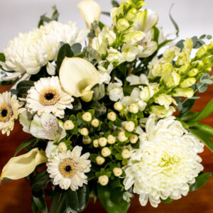 white floral vase arrangements from Parksville Qualicum Beach florist petal and kettle