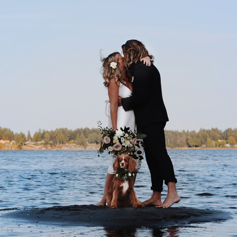 Vancouver Island Beach Wedding with dog, florals by Petal and Kettle Parksville