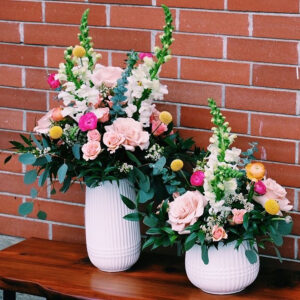 Easter / spring colour flower vase arrangement created by Parksville florist Petal and Kettle