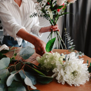 bouquet being assembled at Parksville florist