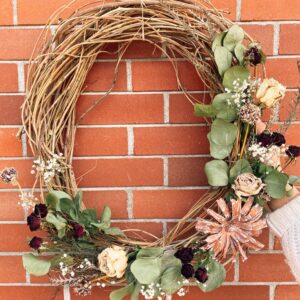 dried wall wreath for fall, made by florist Petal and Kettle in Parksville