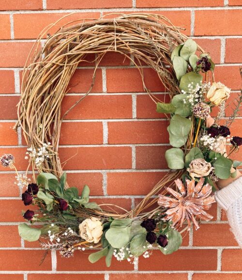 dried wall wreath for fall, made by florist Petal and Kettle in Parksville