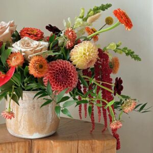 Autumn toned fall vase arrangement, created by Parksville florist Petal and Kettle