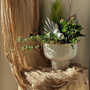 Holiday Planter in neutral hues, created by Parksville Qualicum Beach florist Petal and Kettle