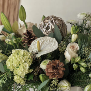 Holiday Vase arrangement in neutral hues from Parksville florist Petal and Kettle