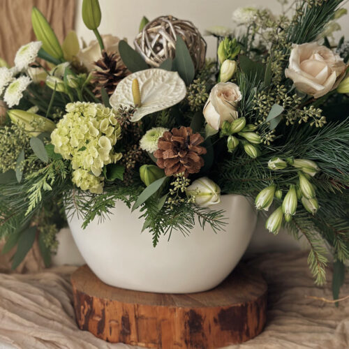 Holiday Vase arrangement in whites and neutrals, made and delivered by Parksville florist Petal and Kettle