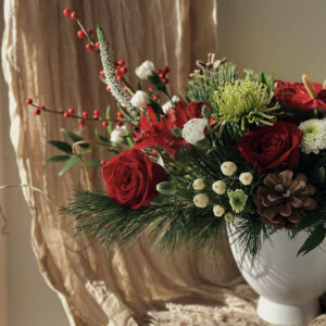 Holiday Vase arrangement, made by Parksville florist Petal and Kettle