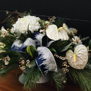 holiday vast arrangement at Parksville florist Petal and Kettle, winter whites