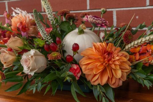 Thanksgiving floral centerpiece, made in Parksville by florist Petal and Kettle