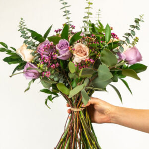 purple and pink Valentine's Day rose bouquet