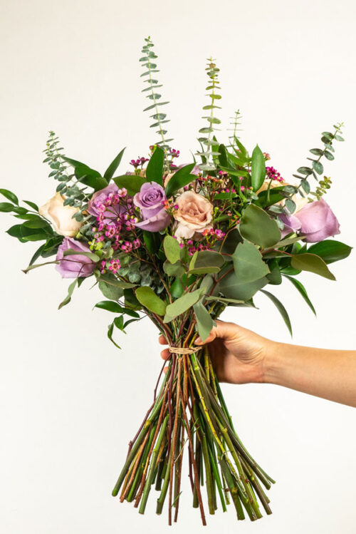 purple and pink Valentine's Day rose bouquet