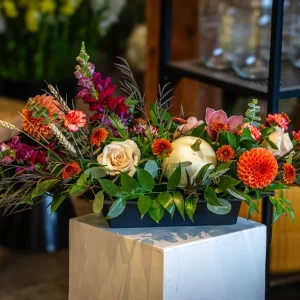 Fall/Thanksgiving floral table centerpiece by Qualicum Beach florist Petal and Kettle