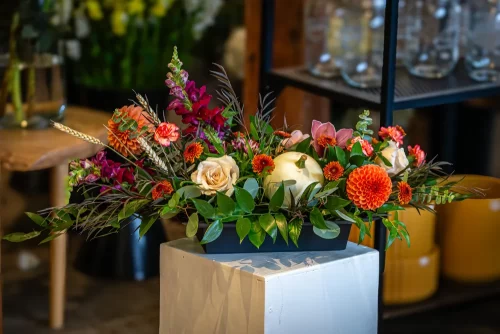 Fall/Thanksgiving floral table centerpiece by Qualicum Beach florist Petal and Kettle